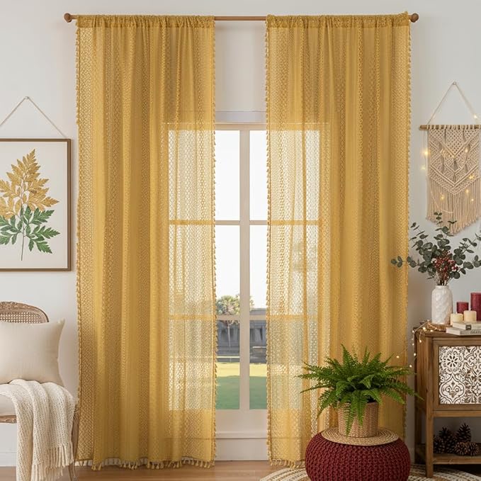 WAZZIO Boho Lace Curtains 84 Inches 2 Panel, Light Filtering Privacy Tassel & - Image 3