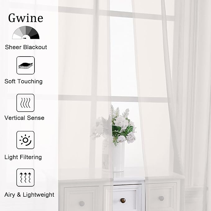 Gwine Ivory Sheer Curtains 84 Inches Long 2 Panels Set - Image 2