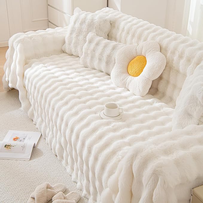 HANDONTIME White Sofa Covers Dog Couch Cover Rabbit Plush L Shaped Couch Covers - Image 7