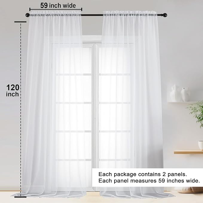 OWENIE White Sheer Curtains 120 Inches Long 2 Panels Set, Airy Lightweight - Image 2