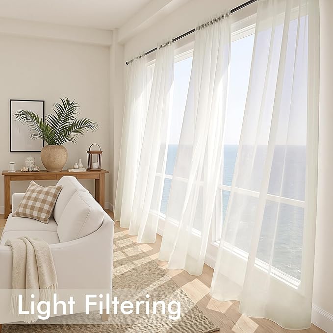 MIULEE Ivory Sheer Curtains 96 Inches Long, 4 Panels Set, Light Filtering Rod - Image 4