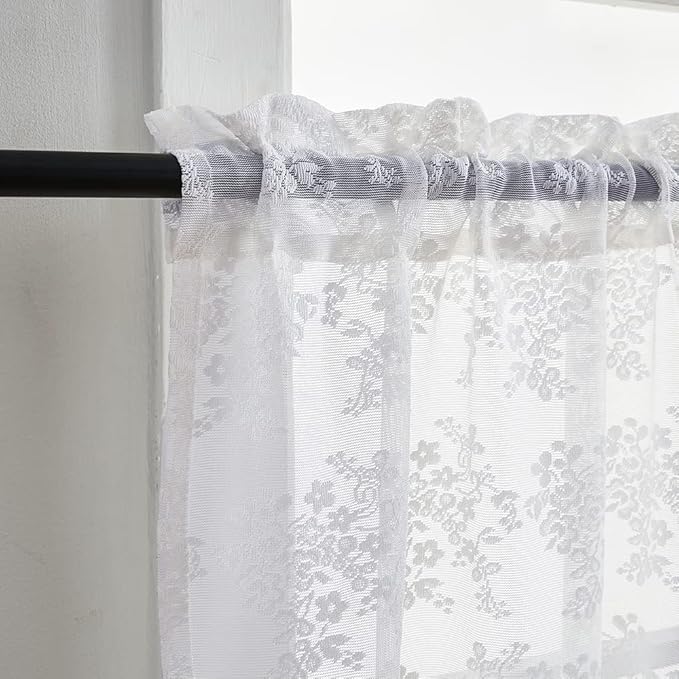 YJ YANJUN Vintage Lace Curtains 30 Inch Length Pair Short White Sheer Kitchen - Image 2