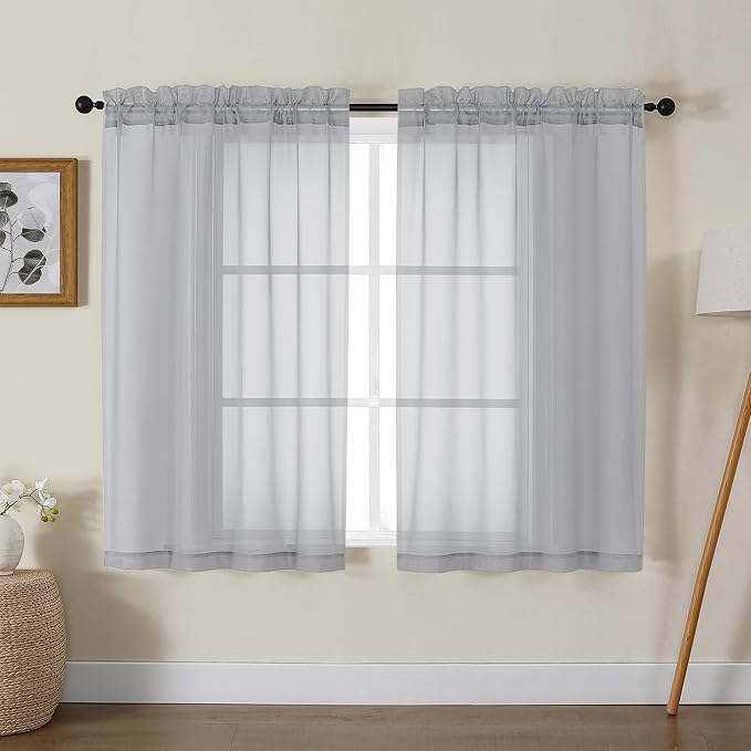 Gwine Light Grey Sheer Kitchen Curtains 36 Inch Length, Light Filtering Voile by Gwine