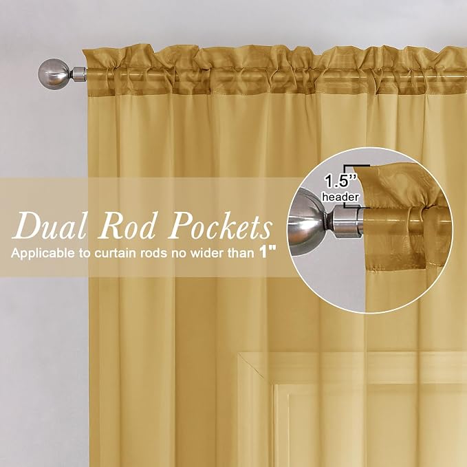 Lecloud Gold Sheer Curtains 90 Inches Long 2 Panels, Breathable Solid Voile - Image 5
