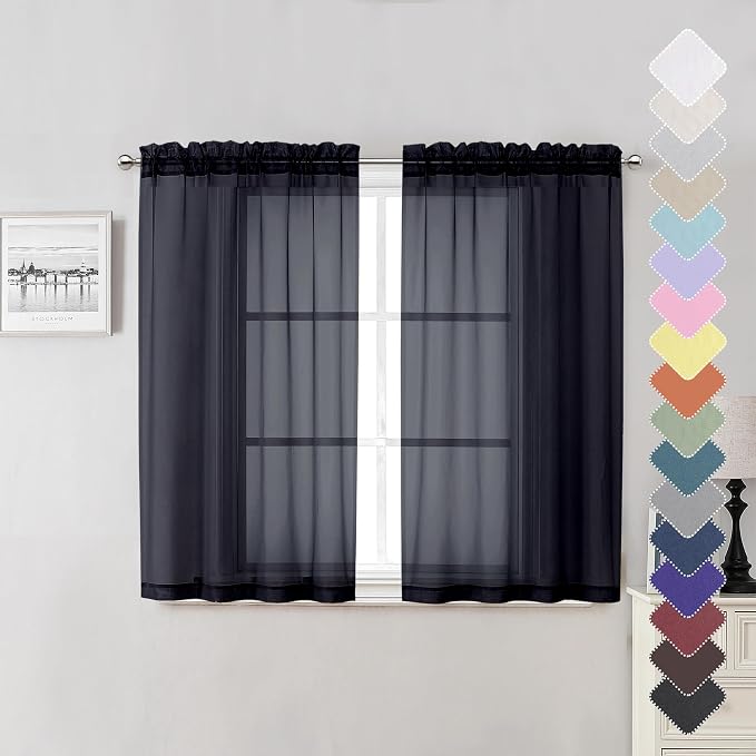 Lecloud Black Sheer Curtains 45 Inch Long 2 Panels, Short Voile Drapes by Lecloud