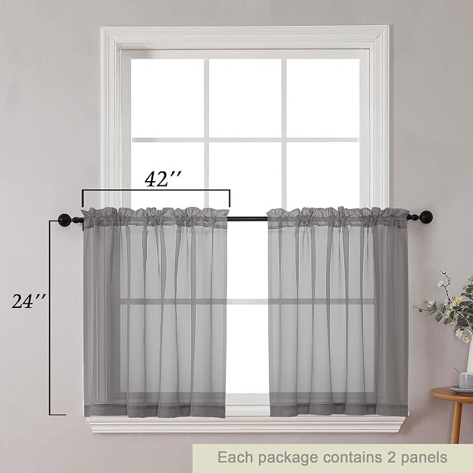 Kitchen Curtains 24 Inch Length Tier 2 Pieces, Cafe Bathroom Basement Rod - Image 2