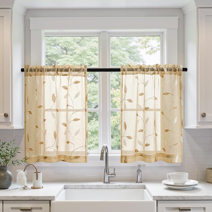 MIULEE Khaki Sheer Curtains 2 Panels Embroidered Leaf Patterned Rod Pocket by MIULEE