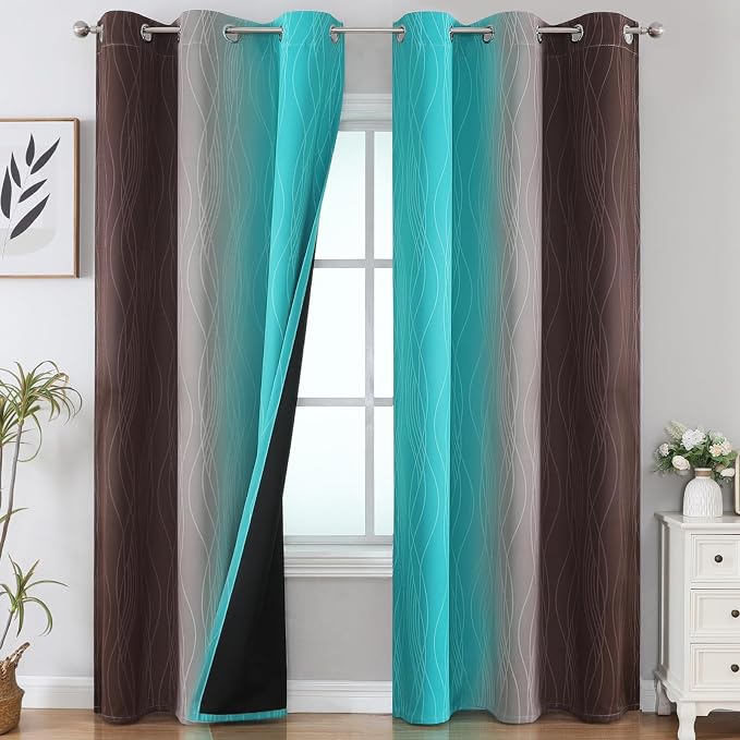 Estelar Textiler Brown and Teal Room Darkening Blackout Curtains 84 Inch Length by ESTELARTEXTILER