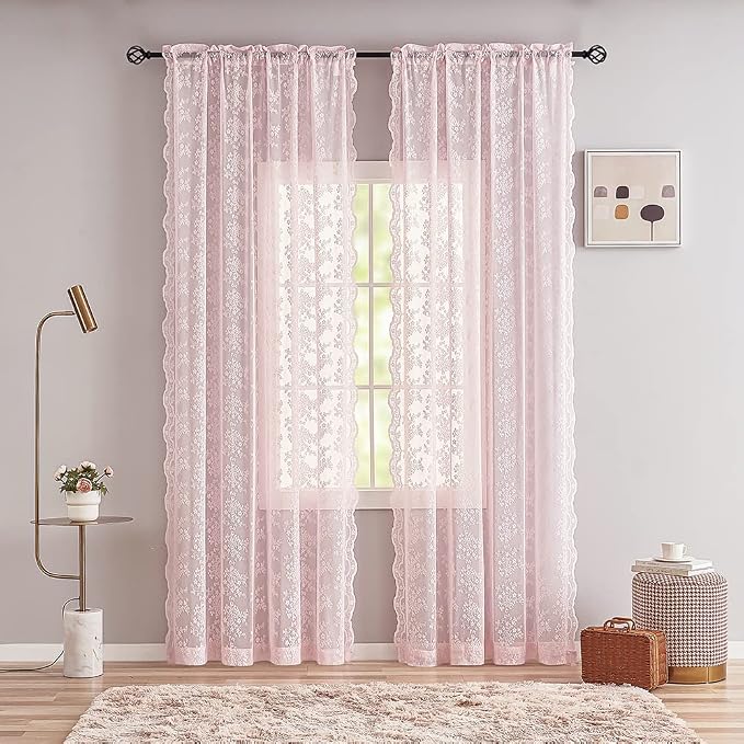 YJ YANJUN Vintage Lace Curtains 84 Inches Long- Pretty Pastel Floral Pink Sheer - Image 3