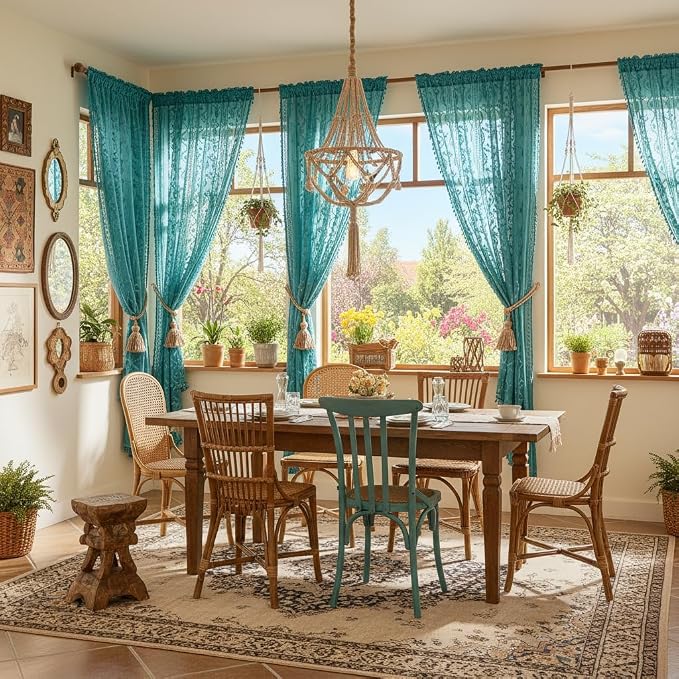 WAZZIO Boho Lace Curtains 2 Panels 96 Inch -Victorian Sheer Panel Drape French - Image 2