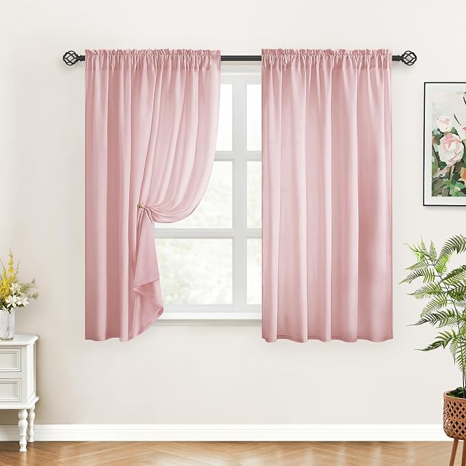 HOMEIDEAS Non-See-Through Light Pink Privacy Sheer Curtains, 52 X 45 Inches - Image 2