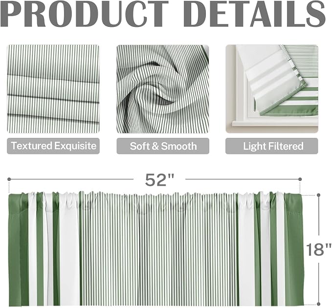 Emvency 2 Pack Valances Window Treatments, Striped Modern Green Farmhouse - Image 3