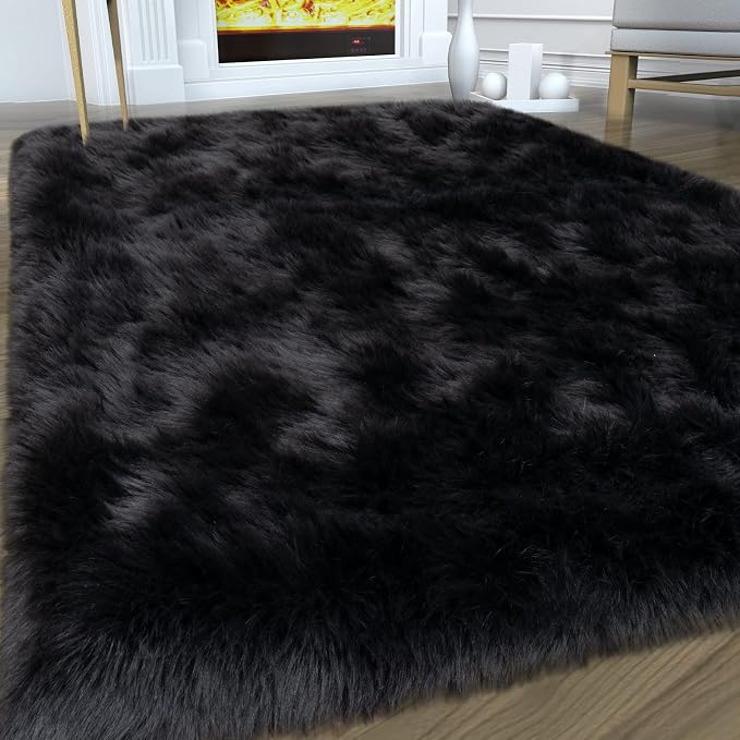 Black Faux Fur Rug for Bedroom 3'x5' Soft Shag Fuzzy Rugs for Living Room by Tangsoo