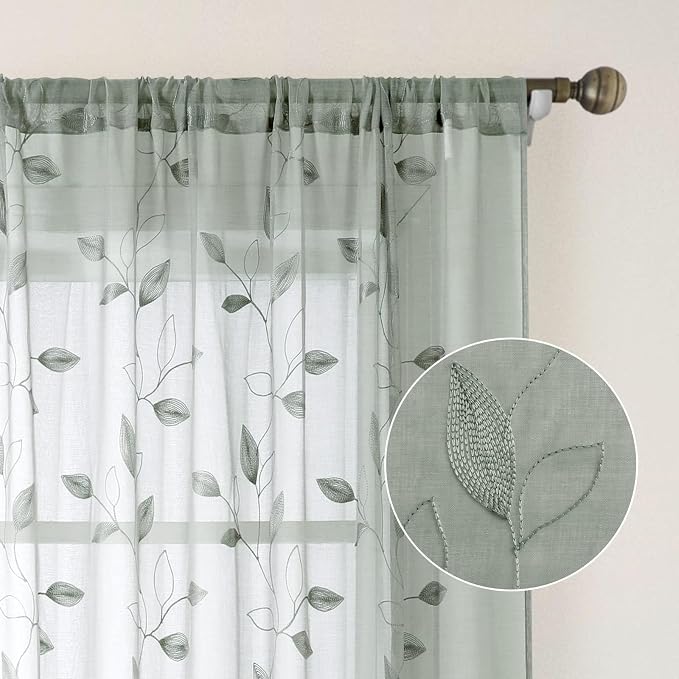 HOMEIDEAS Sage Green Sheer Curtains 52 X 63 Inches Length 2 Panels Embroidered - Image 4