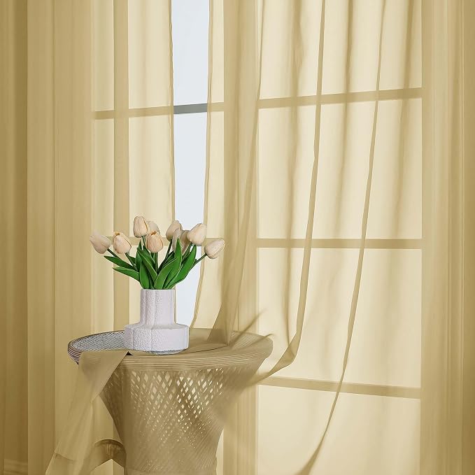OWENIE Extra Long Gold Sheer Curtains 96 Inches Long 2 Panels Set, Soft - Image 6