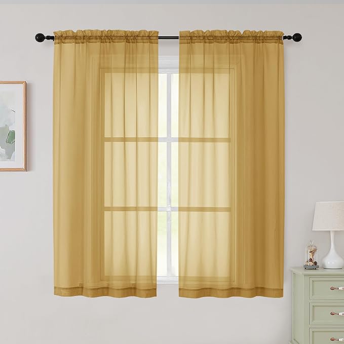 Sheer Gold Curtains for Bedroom Living Room 54 Inch Length 2 Panels Set by WelvetBLK