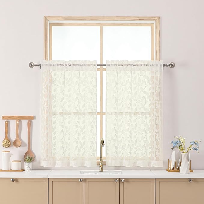 Chyhomenyc Ivory Sheer Curtains 36 Inch Length, Light Filtering Leaf Tufted by Chyhomenyc
