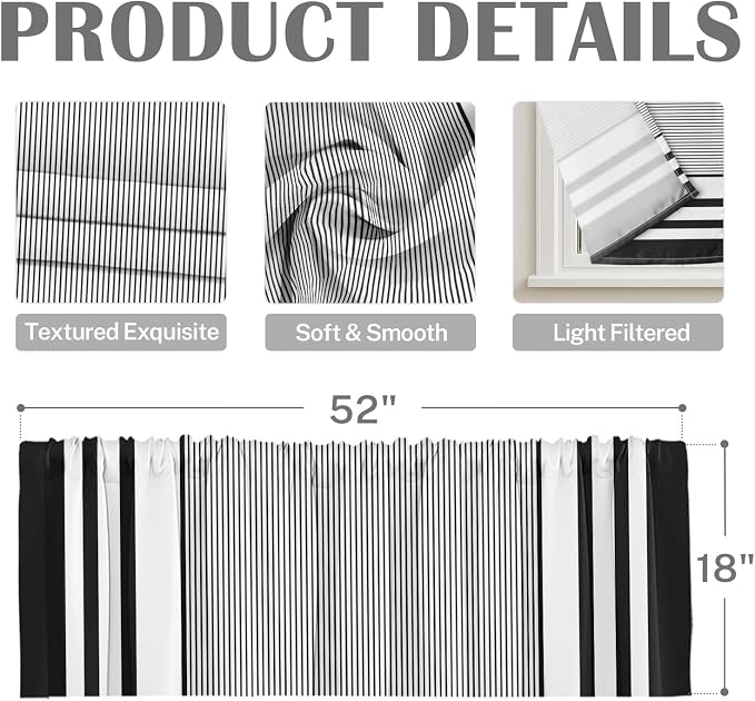 Emvency 2 Pack Valances Window Treatments, Striped Geometric Minimalist Black - Image 3