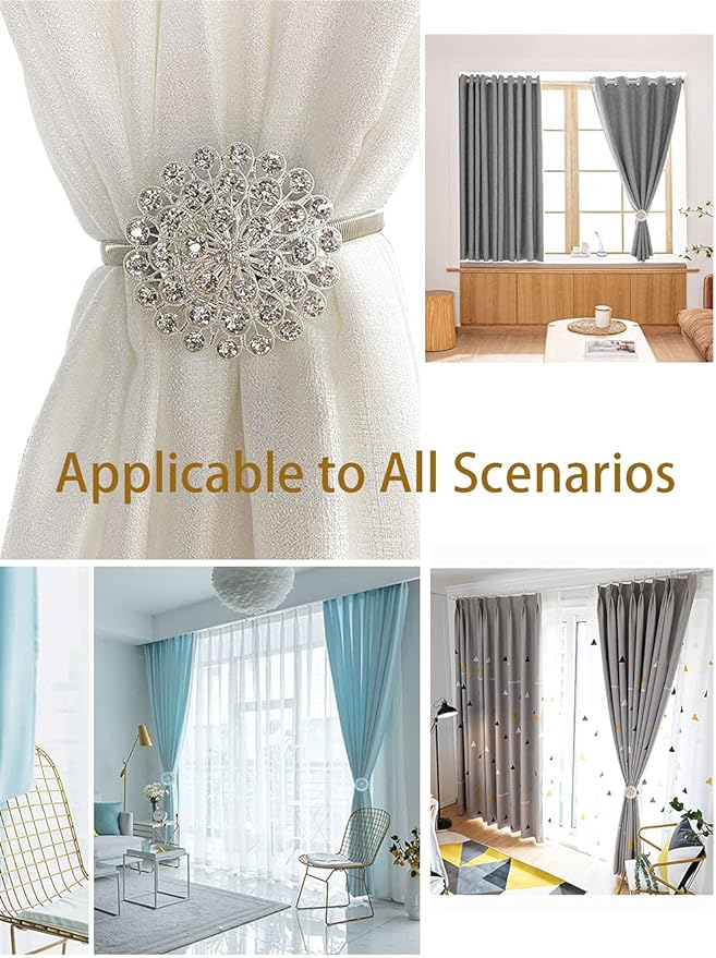 Magnetic Tiebacks for Curtains, 2 Pack Sparkling Crystal Flower Curtain - Image 2