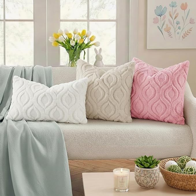 decorUhome Throw Pillow Covers 18x18 Inch Set of 2, Soft Plush Faux Wool Beige - Image 3