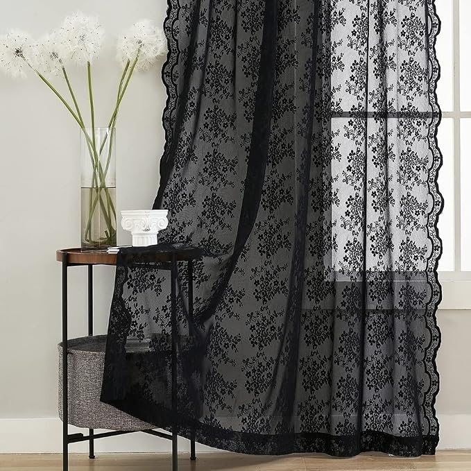 YJ YANJUN Vintage Lace Curtains 72 inch Length Goth Black Floral Sheer by YJYANJUN