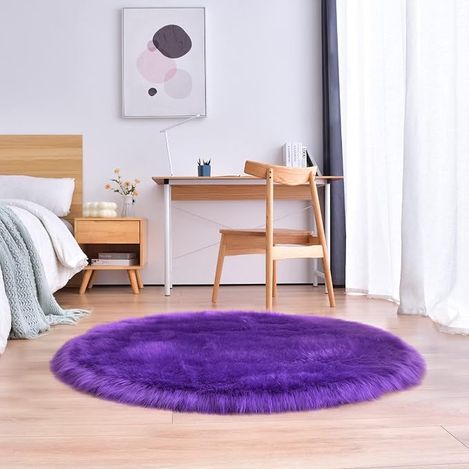 duduta Purple Faux Sheepskin Round Rug 4x4 ft, Fluffy Shag Fur Bedroom Nursery - Image 6