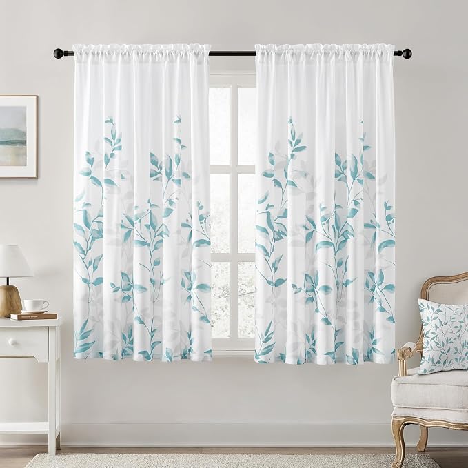 HOMEIDEAS Non-See-Through Teal and White Privacy Sheer Curtains 52 X 63 Inch by HOMEIDEAS