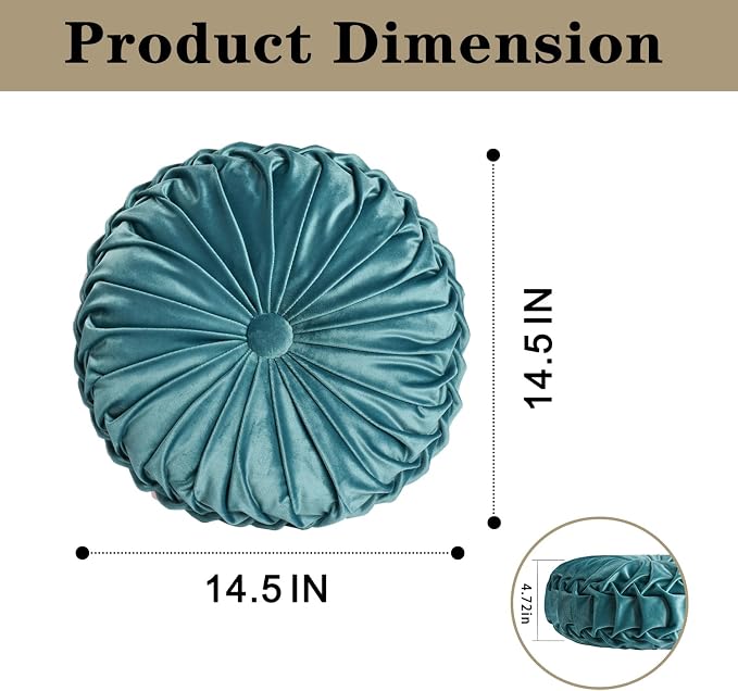 HIG Set of 2 Teal Ruched Velvet Round Throw Pillows – 14.5’’ Decorative Pillows - Image 5