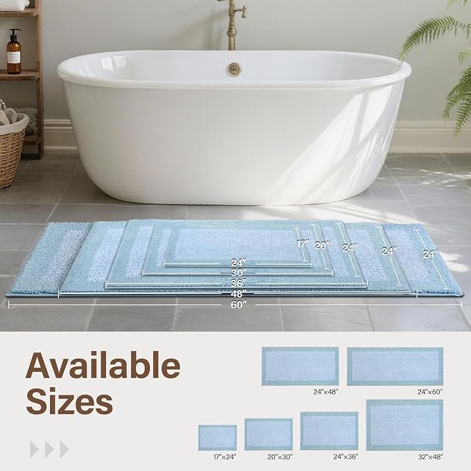 60x24 Long Bathroom Rugs Washable Non Slip, Light Blue Bath Mat - Image 6