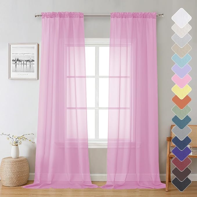 Lecloud Sheer Curtains 96 Inches Long 2 Panels, Light Pink Farmhouse Voile by Lecloud