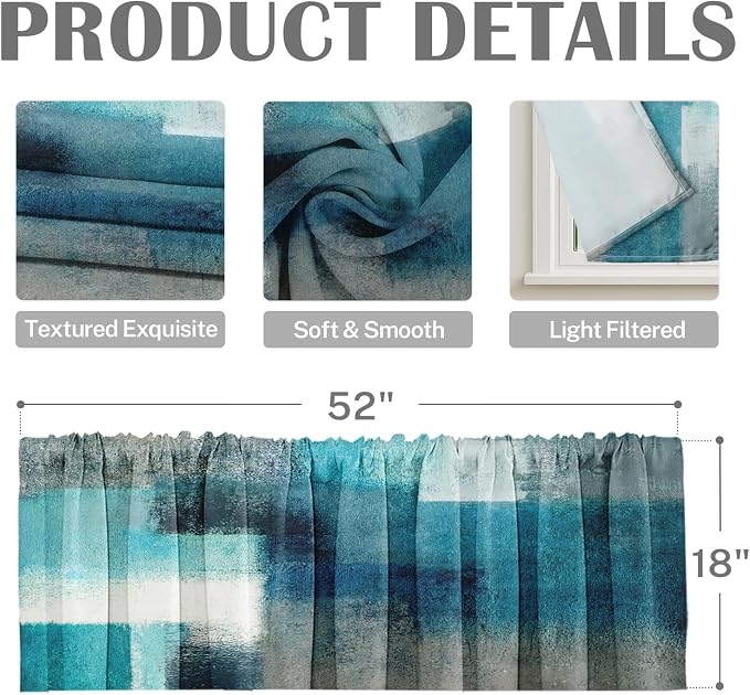 Emvency 4 Pack Valances Window Treatments, Turquoise Abstract Modern Art - Image 3