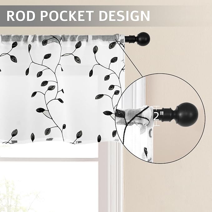 MRTREES Sheer Curtain Valance 2 Panels, Rod Pocket Voile Leaves Embroidered - Image 2