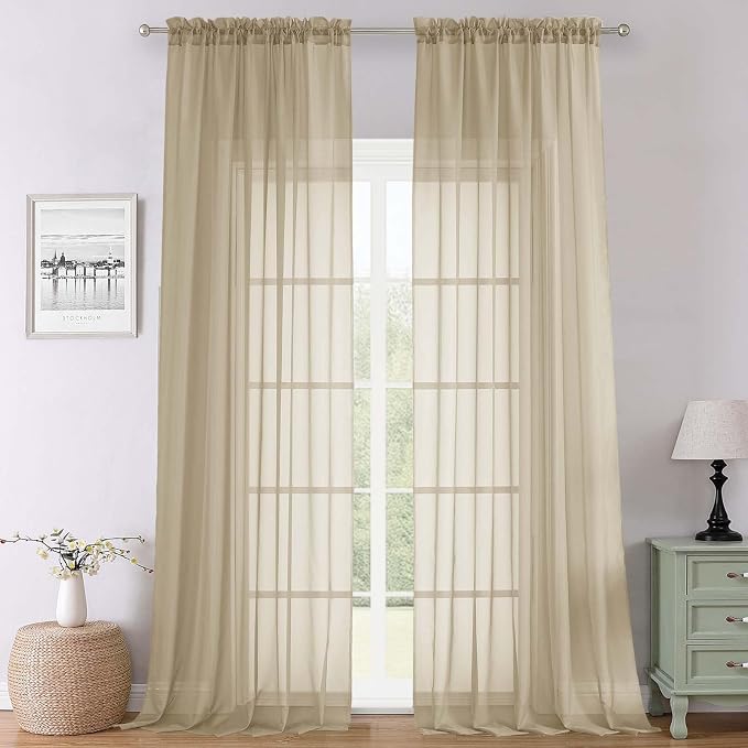 Lecloud Taupe Sheer Curtains 120 Inches Long 2 Panels Set, Rod Pockets Light by Lecloud