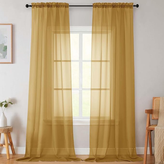 Extra Long Sheer Gold Curtains for Bedroom Living Room 108 Inches Long 2 Panels by WelvetBLK