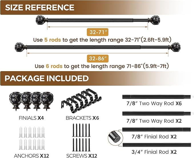 KAMANINA 2 Pack Curtain Rods for Windows 48 to 84 Inch, 7/8 Inch Single - Image 9