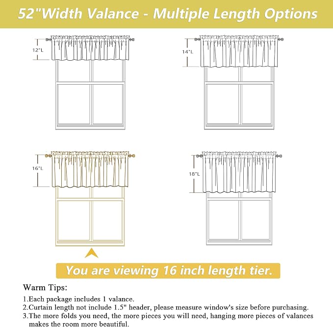 Valances for Windows, Light Filtering Faux Linen Textured Small Short Valance - Image 2