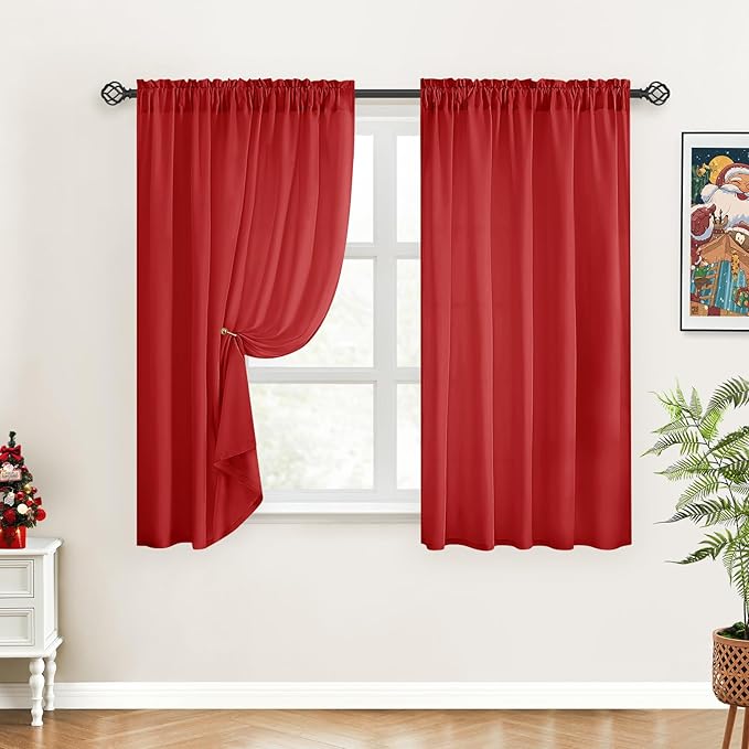 HOMEIDEAS Christmas Non-See-Through Red Privacy Sheer Curtains, 52 X 45 Inches by HOMEIDEAS