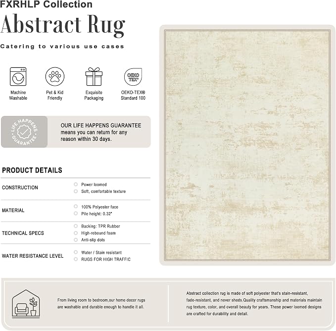 Area Rug Living Room: 4x6 Modern Washable Indoor Soft Carpet Beige | - Image 2
