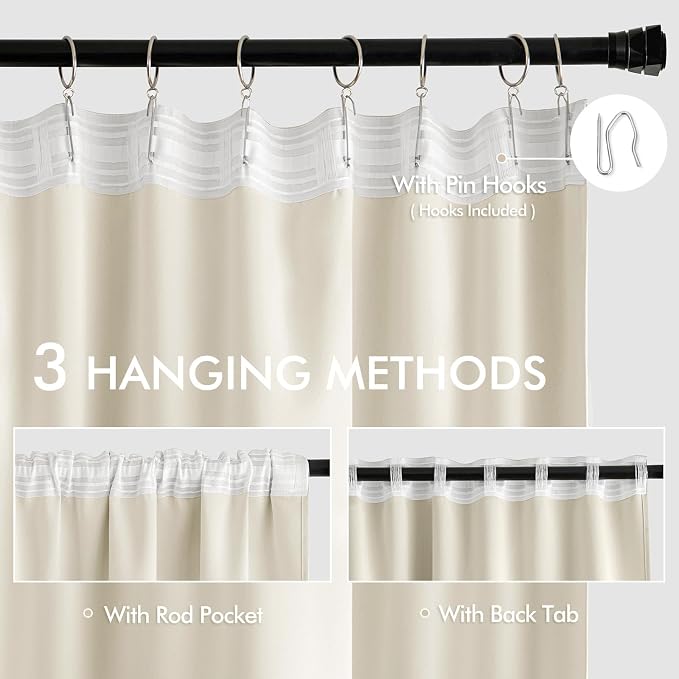MIULEE Beige White Back Tab Blackout Curtains 63 Inch Length 2 Panels Set - Image 3