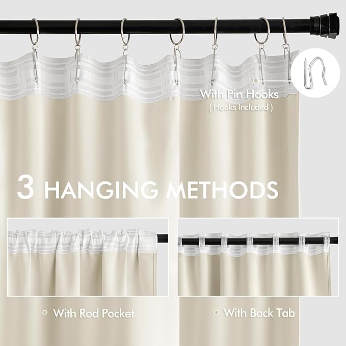 MIULEE Beige White Back Tab Blackout Curtains 90 Inches Long 2 Panels Set - Image 3