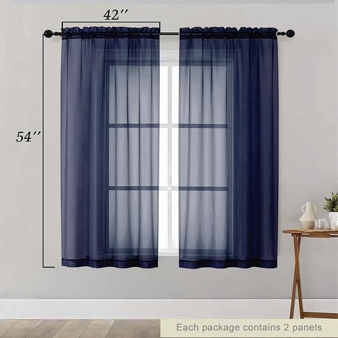 Sheer Navy Blue Curtains for Bedroom Living Room 54 Inch Length 2 Panels Set - Image 2