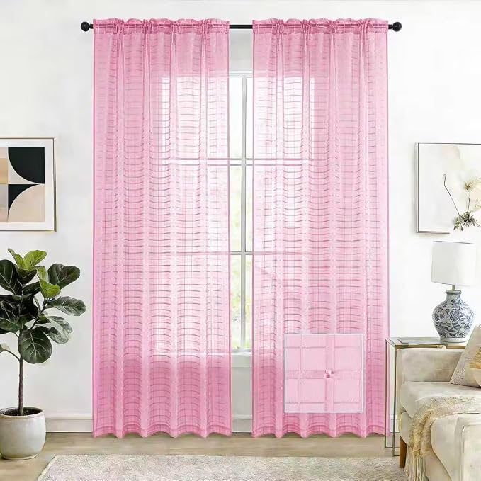 SpaceDresser Check Sheer Curtains 96 Inches 2 Panels Set, Rod Pocket Plaid by SpaceDresser