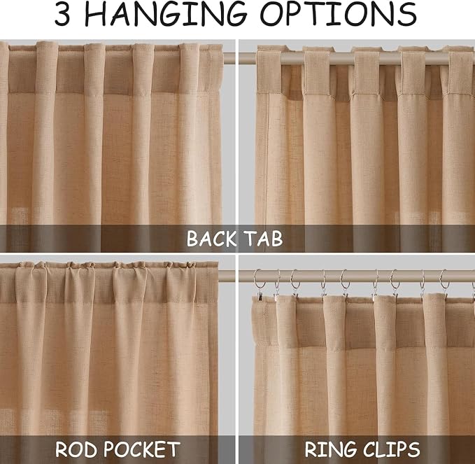 Nanspring Camel Linen Curtains for Living Room 92 Inches Long Back Tab and Rod - Image 2