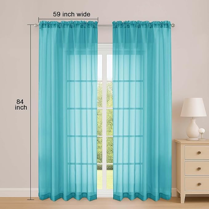 OWENIE Sheer Curtains 84 Inches Long 2 Panels Set, Sheer Turquoise Curtains - Image 2