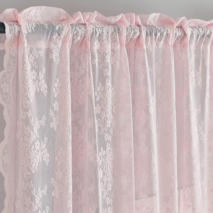YJ YANJUN Vintage Lace Curtains 84 Inches Long- Pretty Pastel Floral Pink Sheer - Image 2