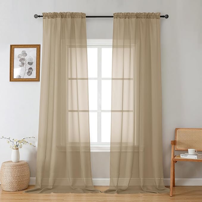 Gwine Taupe Sheer Curtains 96 Inches Long 2 Panels, Elegant Window Treatments by Gwine