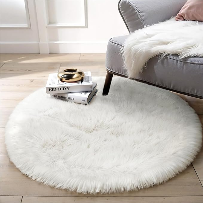 White Fluffy Round Fur Area Rug - Image 8