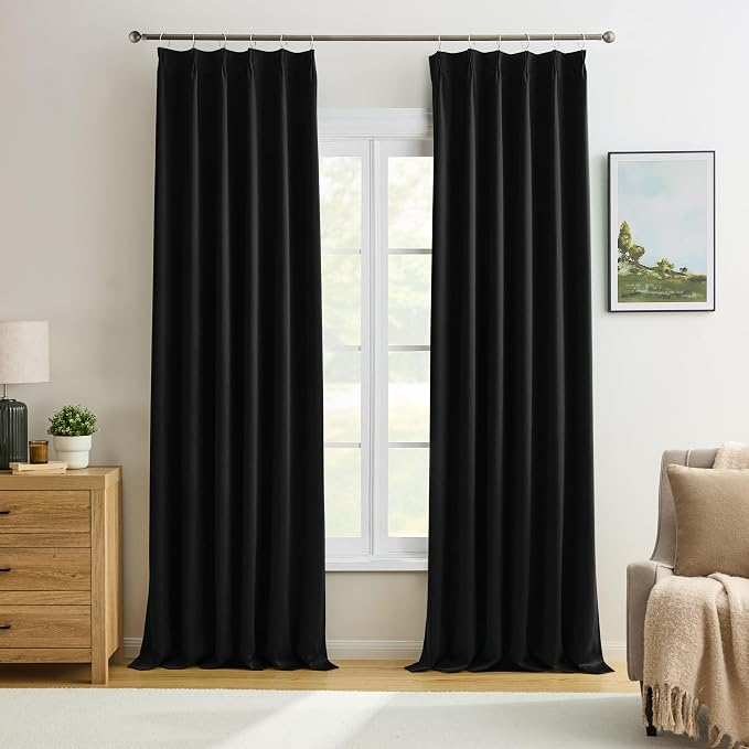 Black Curtains Blackout 120 Inches Long, Luxury Faux Silk Polyester Pinch by KEQIAOSUOCAI