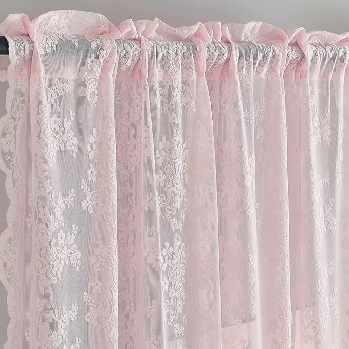 YJ YANJUN Vintage Lace Curtains Pink Boho Floral 80 Inch Curtains - Image 2