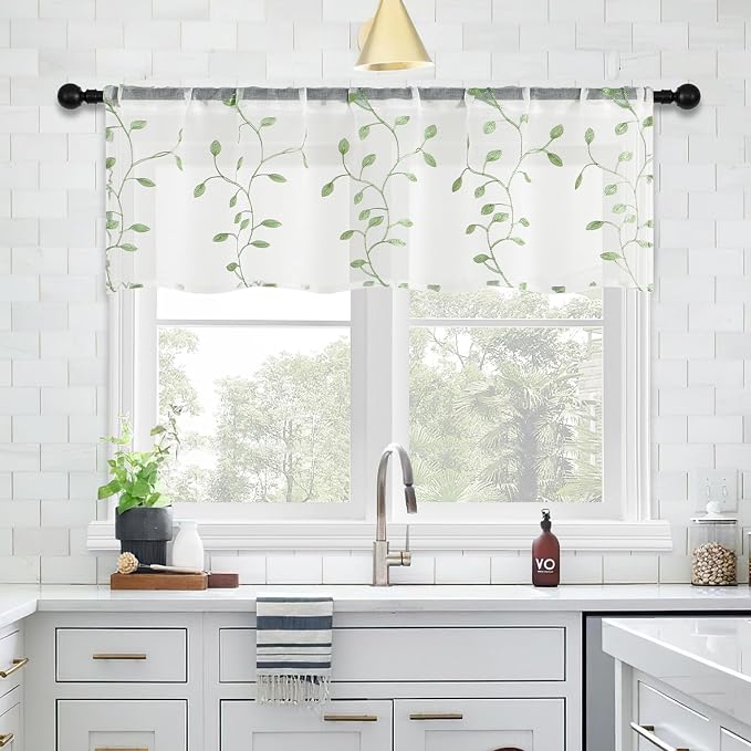 MRTREES Sheer Voile Curtain Valances, Leaves Embroidered Valance Curtains Rod - Image 6